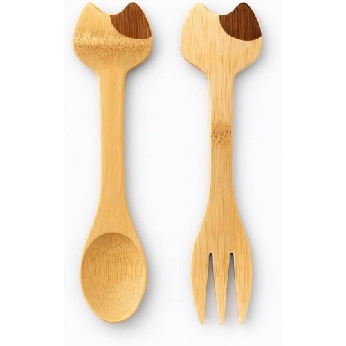 JB Home Collection, 2 Set Cat Shaped Bamboo Spoon and Fork Set, Cute Kitty Utensils for Dessert, Yogurt, Appetizers, Spice, Sugar – Eco-Friendly, Reusable, and Dishwasher Safe, 5-Inch