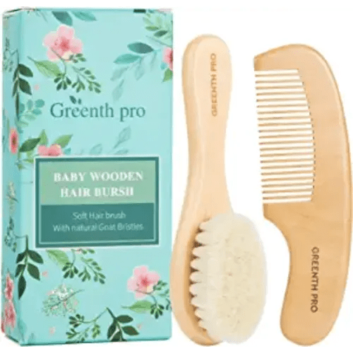 GREENTH PRO Baby Hair Bush and Comb Set -Nature Lotus Wood with Soft Goat Bristle and Pear Wood Comb for Newborns & Toddlers, Ideal for Cradle Cap
