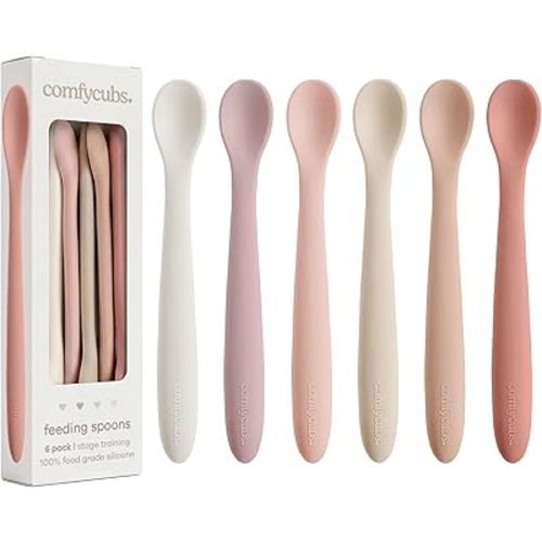 Comfy Cubs Silicone Baby Spoons Set 6-Pack, Blush 6.46 x 0.95 in – BPA Free, Soft Gum-Safe Toddler Eating Essentials – Lightweight & Flexible Baby Spoons, Dishwasher Safe, Fun Utensils for Babies