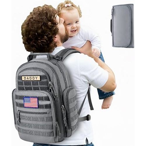 SHARKMOUTH Diaper Bag with Changing Pad - Large Military Baby Diaper Backpack for Hiking Travel Camping - Army Style for Men Active Dad Gray