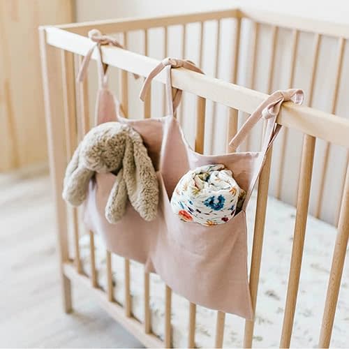 Linen Baby Bedside Hanging Storage Bag,2 Pockets Organizer for Baby Cribs and Toys (Light Pink)