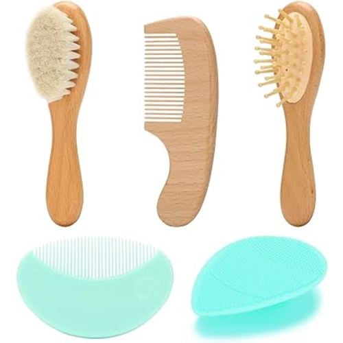 Goat Baby Hair Brush Set, Wooden Comb Massage Scalp Comb, Safe Natural Hair Care Kit, Soft Silicone Bath Brush for Newborns Toddlers (Brush Set+ Green Massager)