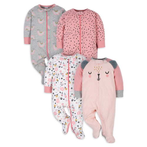 Gerber Newborn Baby Girl Zipper Sleep 'n Play Footed Pajamas, 4-Pack
