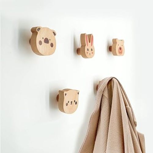 Wall Hook,Child Baby Nursery Wood Wall Hook,Natural Colorful Animal Coat Hooks,Wooden Hooks,Children Wall Mounted Hook,Set of 5