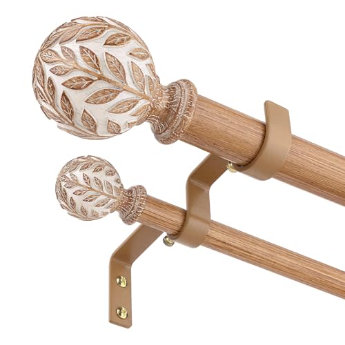 Wood Double Curtain Rod, Boho Decorative Long Dual Curtain Rods for Windows 84 to 120 Inch, 1" Adjustable Heavy Duty Double Rod, Unique Handmade Imitation Wood Grain Leaf Finial Design