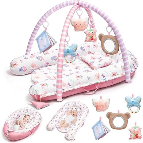 Pink Baby Play Mat, 7-in-1 Tummy Time Activity Gym Mat for Sensory and Motor Development, Washable Baby Lounger, Portable Newborn Nest for Home & Travel, Babies Gift for Infant 0-3-6-9-12-18 Months