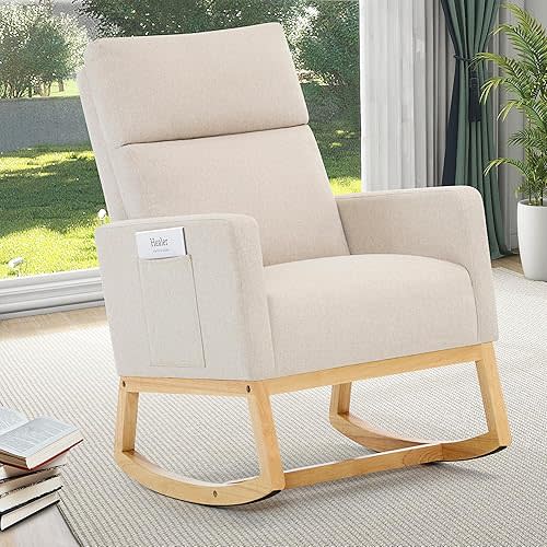 Zedachica Rocking Chair Nursery Glider Rocking Chair for Nursing, Upholstered Nursery Chair with Side Pocket and High Back, Rocking Accent Armchair Glider Rocker for Living Room Bedroom, Beige