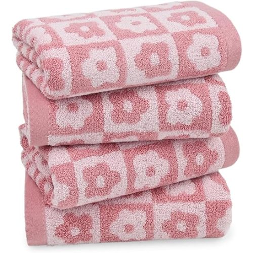 Jacquotha Cotton Hand Towels Pink Checkered Floral - Quick Drying Hand Towel Set of 4, for Women Girls Wife Mom Daughters, 29” x 13”