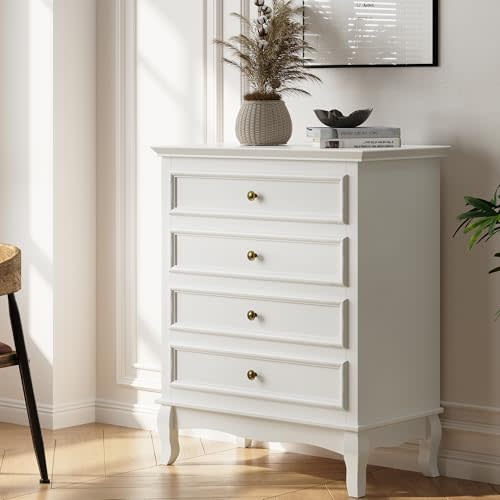RoyalCraft White 4 Drawer Dresser, Large Storage Chest with Ball Bearing Slide, Wide Chest of Drawers, Modern Wood Dresser for Bedroom, Living Room, Hallway, Entryway, White