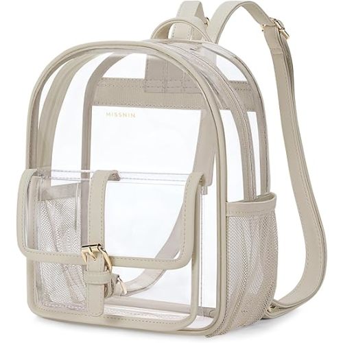 Missnine Clear Backpack Stadium Approved, Heavy Duty PVC Mini Clear Bag with Leather Trim for Concert, Sport Events, Daily, Khaki