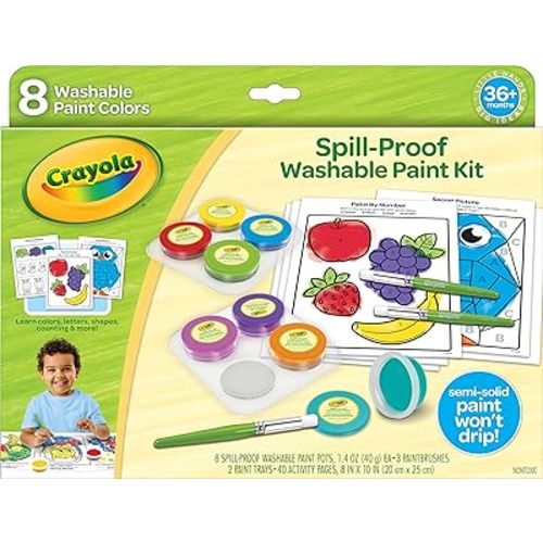 Crayola Spill Proof Paint Set (8ct), Washable Toddler Paint Kit, Includes Brushes, Pots, Activity Pages, Toddler Gift, Ages 3+