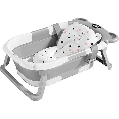 TPN Collapsible Baby Bathtub for Infants to Toddler with Real-time Temp Monitor+Floating Cushion,Foldable Baby Bath Tub Set Applicable 0-36 Month,Perfect Portable Travel Baby Tub for Newborns Boy