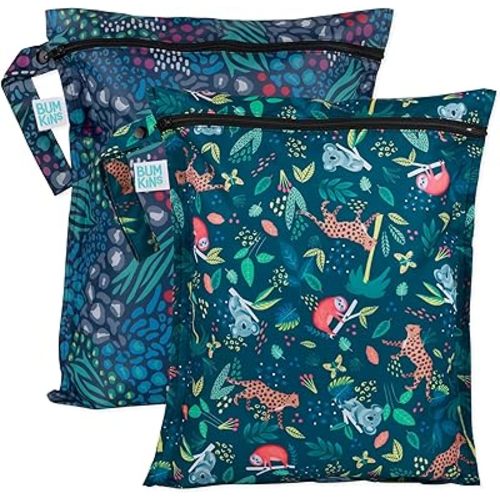 Bumkins Waterproof Wet Bag for Baby, Travel, Swim Suit, Cloth Diapers, Pump Parts, Pool, Gym Clothes, Toiletry, Strap to Stroller, Daycare, Zipper Reusable Bag, Packing Pouch, 2-pk Jungle and Animal