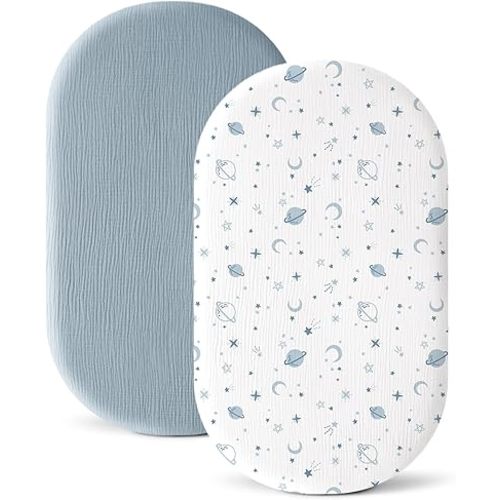 Konssy 2 Pack Muslin Bassinet Sheets for Baby Boy, 100% Cotton Soft Breathable Bassinet Mattress Sheets Fit for Hourglass Oval Cradle Rectangle Mattress (Star,Blue)