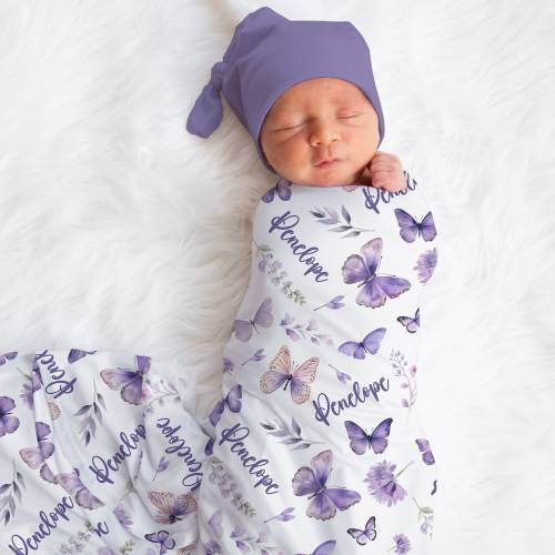 Personalized Purple Butterfly Swaddle Blanket Name Baby Blanket Newborn Baby Girl Coming Home Outfit Hospital Photo Outfit Baby Shower Gift