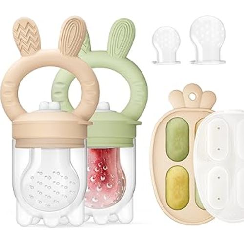 2 Packs Baby Fruit Feeder & Freezer Nibble Tray Combo, Push Pop Baby Food Feeder to Safely Introduce New Foods, Fresh & Frozen Food Silicone Feeder, 100% Food Grade, BPA Free (Caramel & Olive)