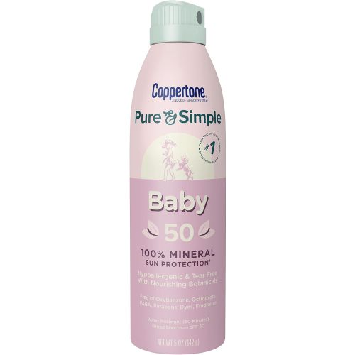Coppertone Pure and Simple Baby Sunscreen Spray SPF 50, Zinc Oxide Mineral Sunscreen for Babies, Toddler Sunscreen, Water Resistant, Broad Spectrum SPF 50 Sunscreen, 5 Oz