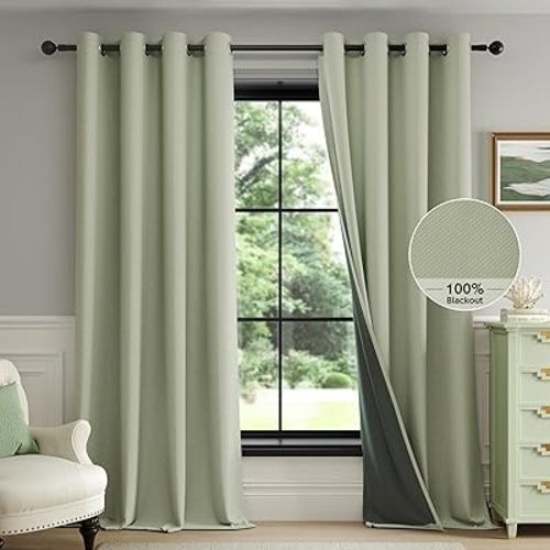 FMFUNCTEX 100% Blackout Curtains for Bedroom, Sage Green Geometric Weave Curtains 84 Inches Long Textured Thermal Insulated Curtain for Living Room, Black Out Drapery Grommet 2 Panels