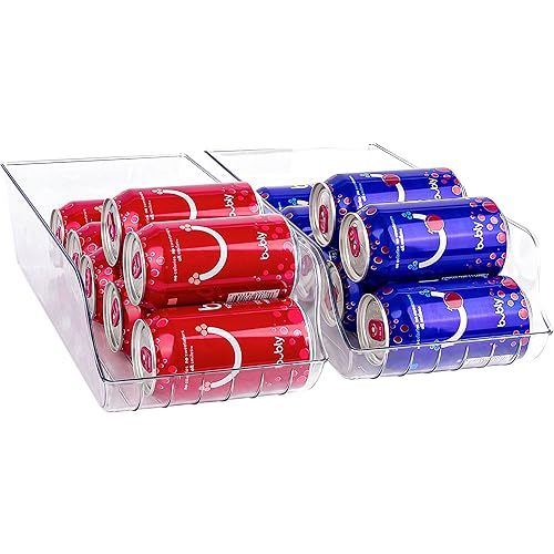 Oizeir Soda Can Organizer - Clear Plastic Storage Dispenser Bin for Refrigerator. Great Drink Holder for Kitchen Cabinets, Countertops, Pantry, Freezer and Fridge. (2-Pack)