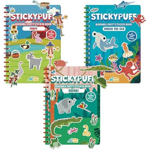Stickypuff Value Pack - 3 Reusable Puffy Sticker Book for Toddlers - Puffy Stickers for Toddlers - Travel Activities for Kids Ages 4-8 - Screen Free Birthday Gifts (Animals)