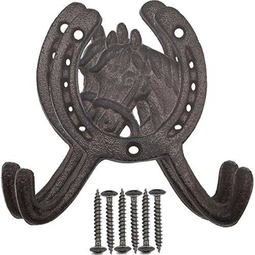 TIHOOD 2PCS Cast Iron Rustic Ranch Horse Head 2 Hook Coat Hooks Rack Towel Horseshoe Hook, Coat Hook,Hat Hook Wall Mounted,Wall Hook,Coat Hanger,Hooks