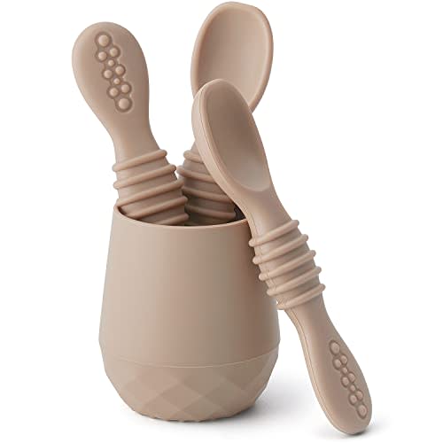 SAMiGO Silicone Baby Utensils - Self Feeding Spoons and Tiny Training Cup - First Stage Baby Led Weaning Supplies for 6 Months+ Infants - Set of 4