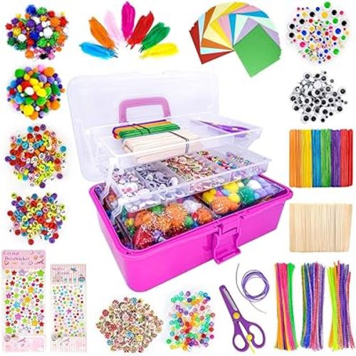 1405 Pcs Art and Craft Supplies for Kids, Toddler DIY Craft Art Supply Set Included Pipe Cleaners, Pom Poms, Feather, Folding Storage Box - All in One for Craft DIY Art Supplies, Rose Red