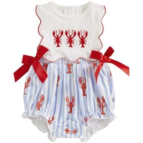 Newborn Baby Girl Crawfish Clothes Lobster Embroidery Smocked Bubble Romper Summer Ruffle Sleeve Bodysuit Jumpsuit