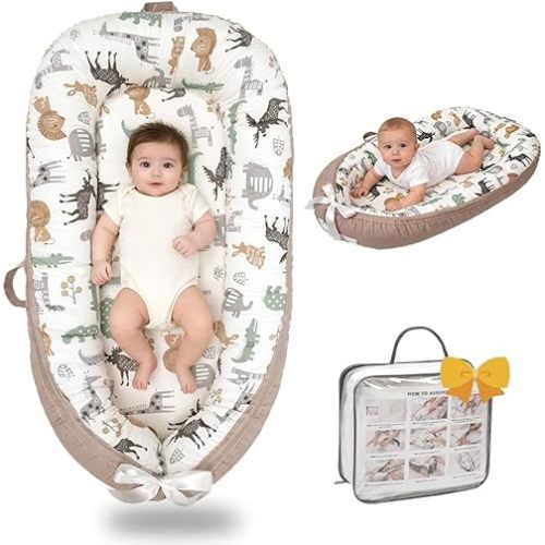 Baby Lounger-Breathable and Soft Organic 100% Cotton, Portable Infant Lounger with Removable Lounger Cover, Floor Lounger for Newborn - Animal