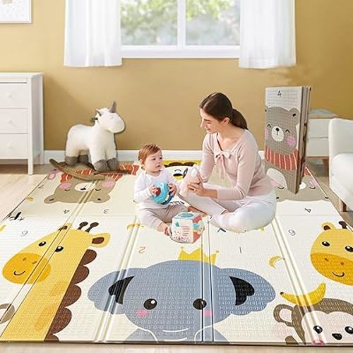 Baby Play Mat, Extra Large Folding Baby Crawling Mat, Waterproof Reversible Playmat Foam Non Toxic Anti-Slip Portable Kids Play Mat for Infant, Toddler (Animal world, 70in*78in*0.4in)