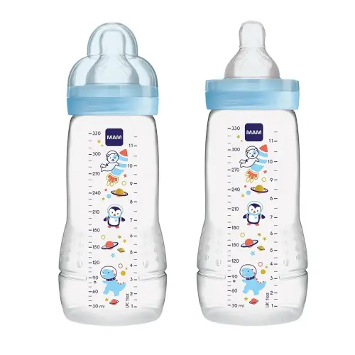 MAM Easy Active Baby Bottles 11oz, Fast Flow Skinsoft Silicone Nipple with Wide Neck Ergonomic Design, Easy to Hold, BPA-Free, Bottles with Leak-Proof Caps for 4+ Months Baby