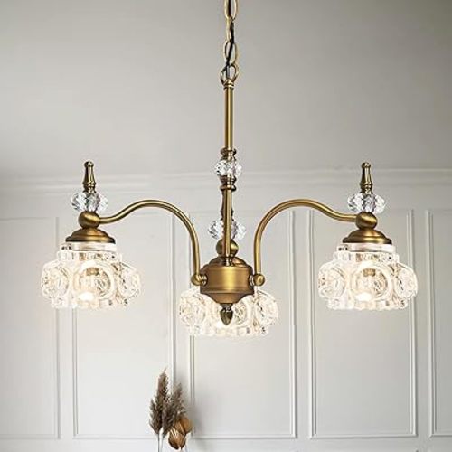 Montex Vintage Pendant Light Fixture 3/5 Lights Gold Brass Vintage Chandelier Crystal Glass Shade Brass Pendant, 4 Light Bulbs are Included (Standard)