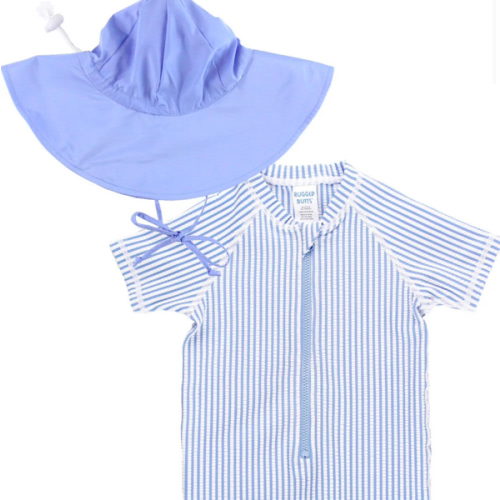 Periwinkle Seersucker Short Sleeve One Piece Rash Guard & Periwinkle Sun Hat Set