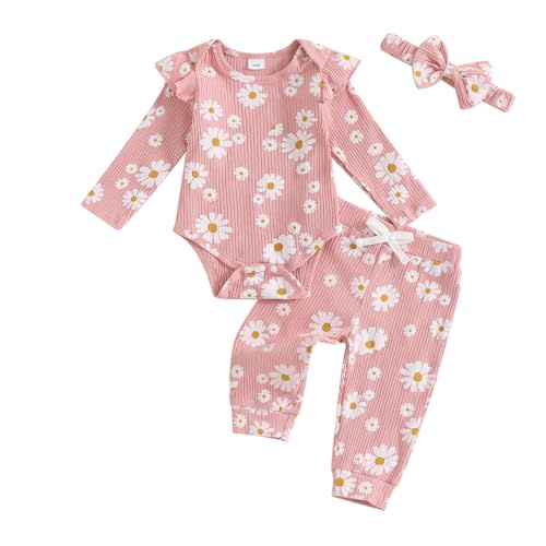 FOCUSNORM Newbron Baby Girl Fall Clothes Daisy Ribbed Knitted Long Sleeve Romper Long Pants 3 Pcs Infant Girl Winter Outfit