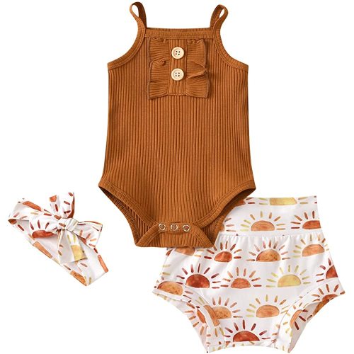 3pcs Newborn Baby Girls Shorts Set Cotton Sleeveless Romper Jumpsuit Bodysuit +Pants Shorts+Headband Outfit Set