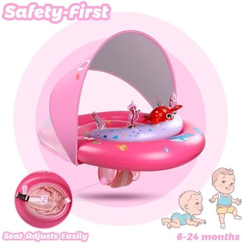 LAYCOL Baby Pool Float with UPF50+ Sun Protection Canopy & Toy Play Console，Infant Baby Floats for Pool，Adjustable Safety Seat，Toddler Pool Float for 3-36 Months - Pink