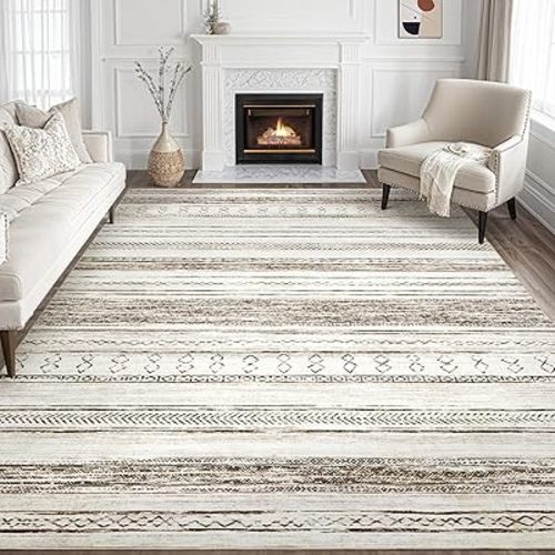 Tortania Area Rug Living Room Rugs - 8x10 Washable Large Soft Neutral Boho Moroccan Bohemian Farmhouse Rug Indoor Floor Carpet for Bedroom Under Dining Table Home Office Decor - Cream Brown