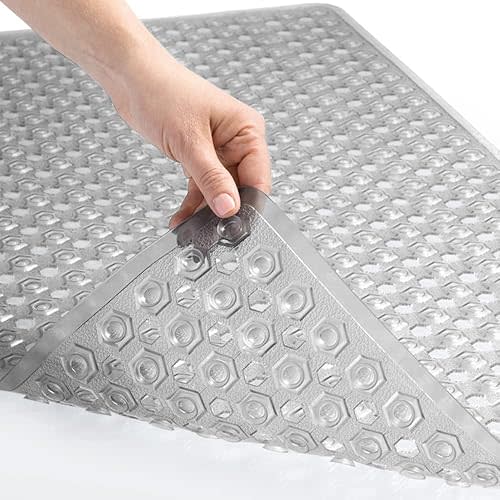 GORILLA GRIP Bath Tub Shower Mat, Machine Washable Bathtub Floor Liner Mats, Suction Cups and Drain Holes to Keep Tubs Clean, Soft on Feet, Bathroom Essentials, 35x16 Inch, Clear Gray