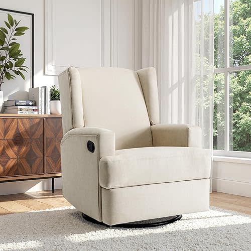 Swivel Rocker Recliner Chair for Adults, 360° Swivel Glider Rocking Chair with High Back, Upholstered Deep Seat Wingback Recliner Chair for Living Room Bedroom, Cotton Linen, Beach