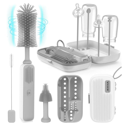 Electric Bottle Brush Cleaner, Baby Bottle Brush Travel Set, 360° Efficient Cleaning, 2000 mAh Battery, Travel Bottle Brush Set with Drainage Rack and Storage Box, Baby Travel Essential Grey