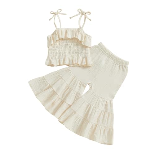 Kavousa Toddler Baby Girl Smocked Outfit Ruffle Halter Shirt Flared Pants Set Toddler Bell Bottom Outfit Summer Clothes