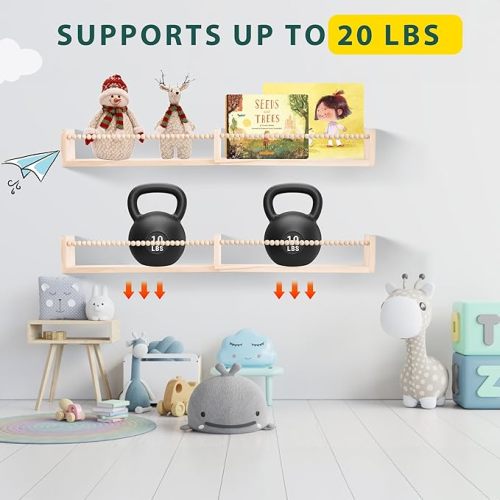 Nursery Shelves for Wall,Kids Bookshelves Set of 3,Floating Bookshelf Baby Book Toy Display Storage Organizer Decor with Wooden Beads Bar,Preassembled,Natural Pine Wood,32 Inch(Natural Wood)