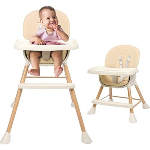 6-in-1 Baby High Chair, Convertible High Chairs for Babies and Toddlers, Infant Feeding Highchair with Cushion, 5-Point Harness, Footrest, Removable Tray, and Adjustable Legs, Beige