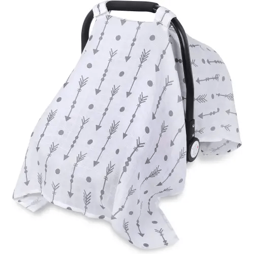 Rquite Car Seat Covers for Babies, 100% Muslin Carseat Cover Boys Girls, Lightweight Infant Car Seat Canopy, Soft Breathable Baby Carrier Cover, Summer Stroller Cover (Grey Arrow)