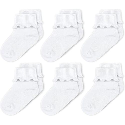 CozyWay Baby Girls Socks Ruffle Ripple Edge Turn Cuff Socks for Baby Toddler Girls | 6-Pairs