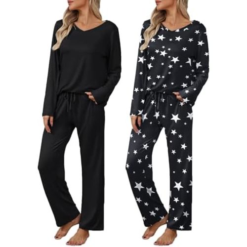 Ekouaer Womens 2 Pack Pajama Set Long Sleeve Pajamas Top and Pants V Neck Pjs Set Soft Loungewear with Pockets