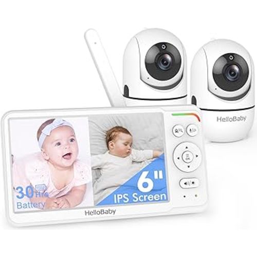 HelloBaby World's First 6" IPS Split Screen Baby Monitor with 2 Cameras - No WiFi, 30hr Battery, 355° Pan-Tilt, Night Vision, 1000ft, Portable Travel Video Audio Monitor with Temp Alert/Lullabies/VOX