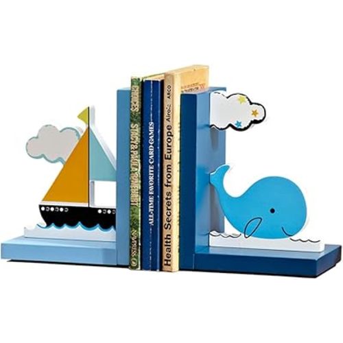 A Pair of Wooden Cartoon Sailboat and Whale Bookends, Children's Room Decor.