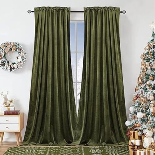 Dchola Olive Green Velvet Curtains for Bedroom Window, Super Soft Vintage Luxury Heavy Drapes, Room Darkening Rod Pocket Curtain for Living Room, W52 by L96 inches, 2 Panels