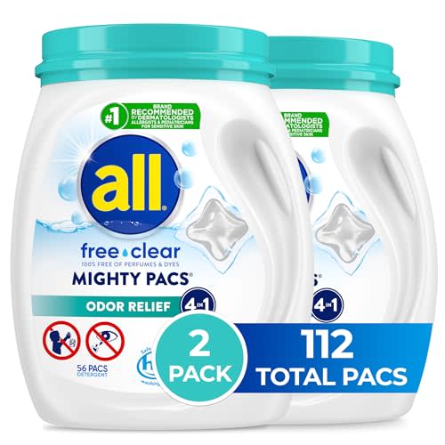 All Mighty Pacs Laundry Detergent, Free Clear Odor Relief, Tub, 56 Count (Pack of 2), 112 Total Loads